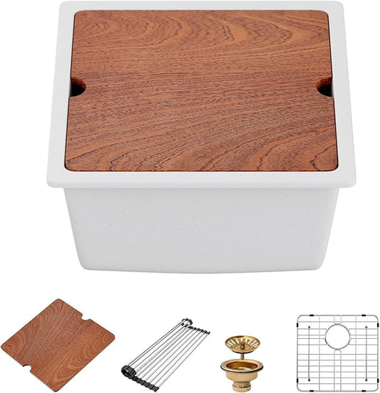 18 Inch White Undermount Sink - Beslend 18x18 White Kitchen Sink Granite Composite Bar Sink Undermount Square Sinks With Cover Small Prep Bar Workstation Sink Single Bowl Under Counter