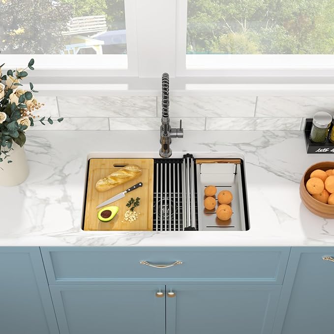 Sarlai 28 Black Kitchen Sink Granite Composite - 28 x 19 inch Kitchen Sink Undermount Matte Black Granite Composite Quartz Single Bowl Under Counter Ledge Workstation Kitchen Sinks Basin