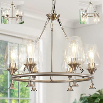 Modern Chandelier for Dining Room (25inch, 6-Light), Brushed Nickel Dining Room Light Fixture Over Table with Clear Glass Shade, Industrial Hanging Pendant Lights Fixture for Kitchen Island Entryway