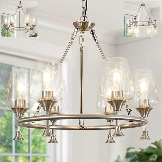 Modern Chandelier for Dining Room (25inch, 6-Light), Brushed Nickel Dining Room Light Fixture Over Table with Clear Glass Shade, Industrial Hanging Pendant Lights Fixture for Kitchen Island Entryway