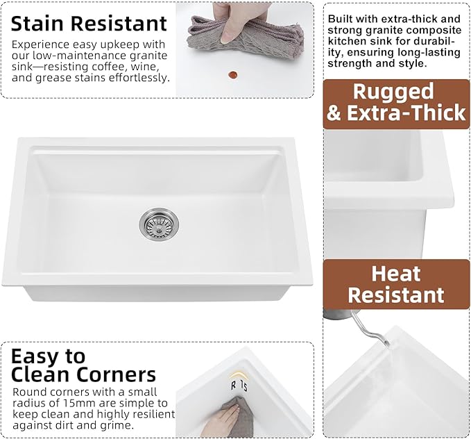 Davivy 30 Inch White Granite Composite Sink Workstation, 30 X 18 White Undermount Kitchen Sink, Dual Mount Installation, Deep Single Bowl with Accessories