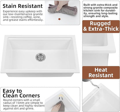Davivy 30 Inch White Granite Composite Sink Workstation, 30 X 18 White Undermount Kitchen Sink, Dual Mount Installation, Deep Single Bowl with Accessories