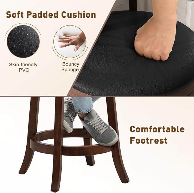ERGOMASTER Swivel Bar Stools Set of 2-25.5 Inch Counter Height with Footrest, 360° Spin & Extra Wide Seat, Vintage Rubber Wood Frame, 250 lbs Capacity, Kitchen Island Stools for Small Spaces