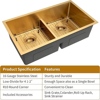 32 inch Double Bowl Kitchen Sink,Gold Undermount Kitchen Sink 32 X 18 inch,16 Gauge Stainless Steel Undermount Sinks,Special Low-Divide Design