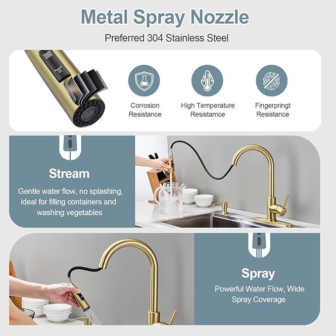 Gold Kitchen Faucets with Soap Dispenser, Single Handle High Arc Stainless Steel Sink Faucet with Pull Down Sprayer, 1 or 3 Hole Deck Plate Mount for Bar, RV, Laundry, Outdoor