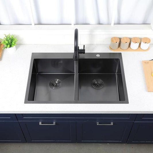 SHACO 33x22 Black 50/50 Double Bowl Drop In Kitchen Sink, 33 Inch Top Mount Gunmetal Black 16 Gauge Stainless Steel Kitchen Sink with Grid and Accessories