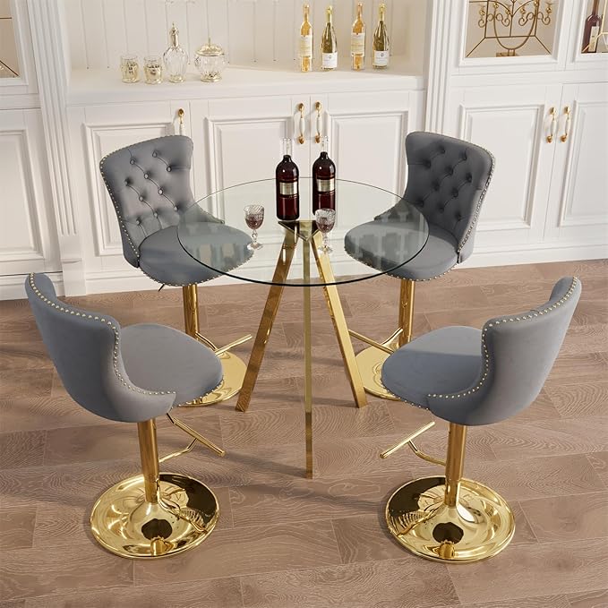 yeag 31.5'' Luxury Gold Bistro Table and Adjustable Chairs Set for 4, Small Round Glass Bar Table 4 Adjustable Velvet Swivel Bar Stools for Pub (Gold Metal Legs, Clear Top + Grey Chair)