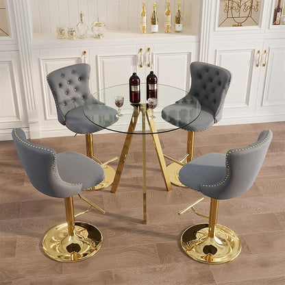 yeag 31.5'' Luxury Gold Bistro Table and Adjustable Chairs Set for 4, Small Round Glass Bar Table 4 Adjustable Velvet Swivel Bar Stools for Pub (Gold Metal Legs, Clear Top + Grey Chair)
