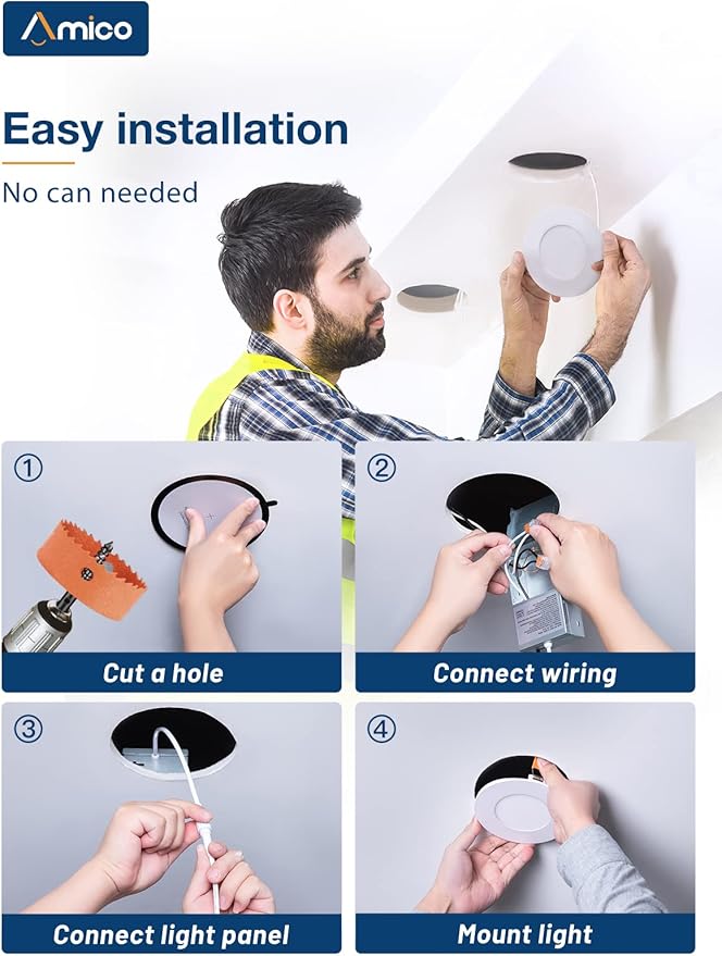 Amico 1 Pack 3 Inch 5CCT Ultra-Thin LED Recessed Ceiling Light with Junction Box, 2700K/3000K/3500K/4000K/5000K Selectable, 7W Eqv 60W, Dimmable Canless Wafer Downlight, 500LM High Brightness -ETL