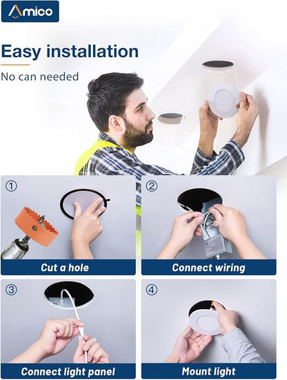 Amico 1 Pack 3 Inch 5CCT Ultra-Thin LED Recessed Ceiling Light with Junction Box, 2700K/3000K/3500K/4000K/5000K Selectable, 7W Eqv 60W, Dimmable Canless Wafer Downlight, 500LM High Brightness -ETL