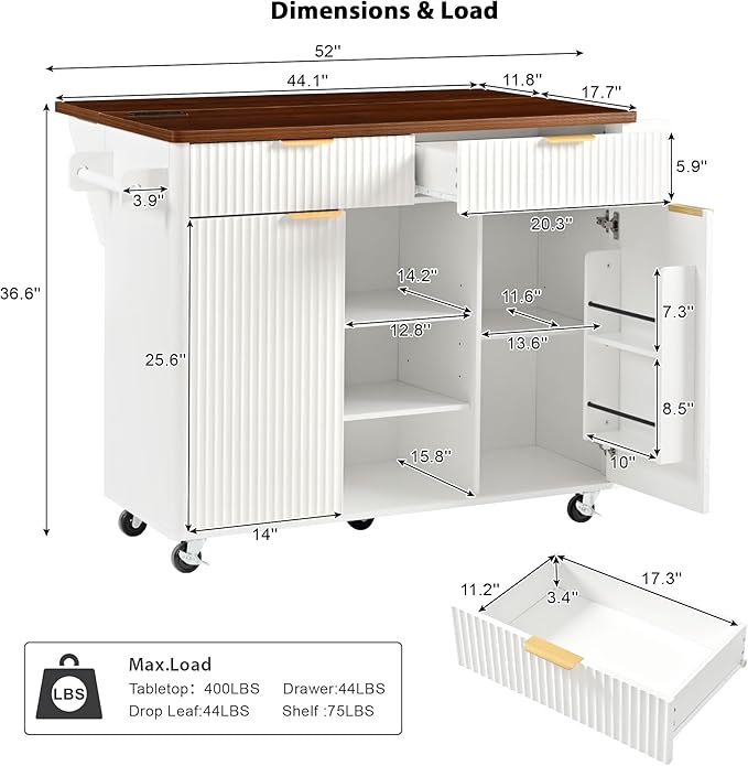 Merax Farmhouse 52 inch Kitchen Island on Wheels with Drop Leaf Table, Power Outlet, Wood Kitchen Rolling Cart with Faux Marble Top & 2 Doors & 2 Drawers, White