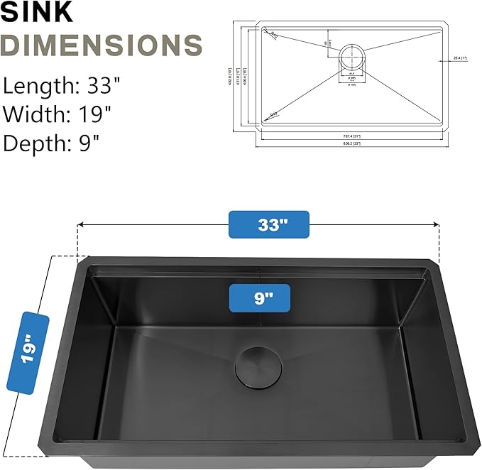 33x19 Inch Black Undermount Kitchen Sink, 16 Gauge 304 Stainless Steel Single Bowl Kitchen Sink, Workstation Sink with Accessories, 33x19x9 Large Deep Basin