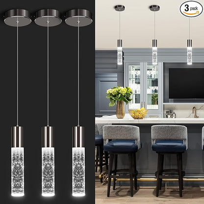 OKELI Pendant Lights Kitchen Island, LED Bubble Crystal Kitchen Island Lights Fixtures, Black Mini Single Pendant Lighting for Kitchen Island Bar,6W,6000K, ETL,3Pack