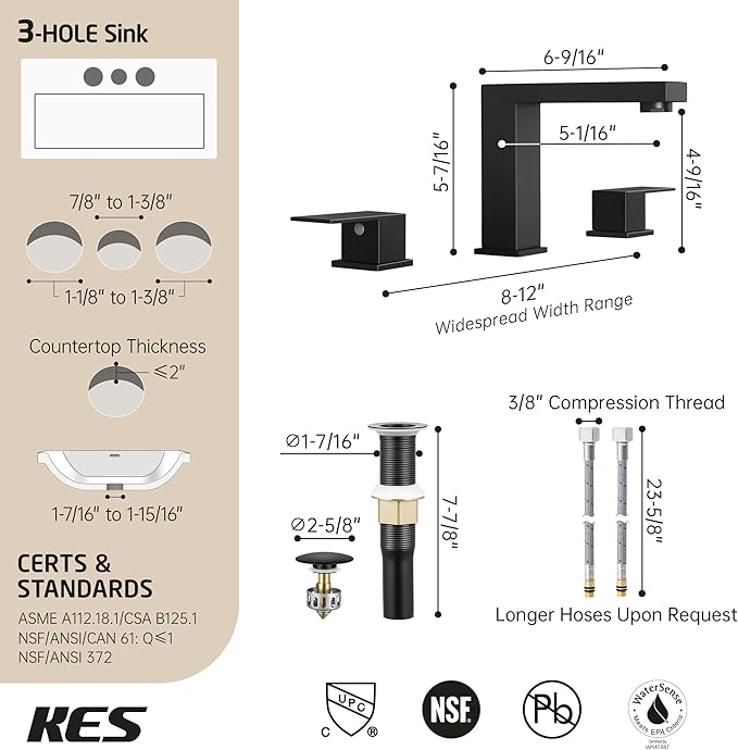 KES All Metal Black Bathroom Faucets with Pop Up Drain NO Overflow, 8 Inch Square Widespread Bathroom Sink Faucet 3 Hole, Vanity Faucet SUS 304 Stainless Steel Matte Black, L4350LFF12-BK-C2