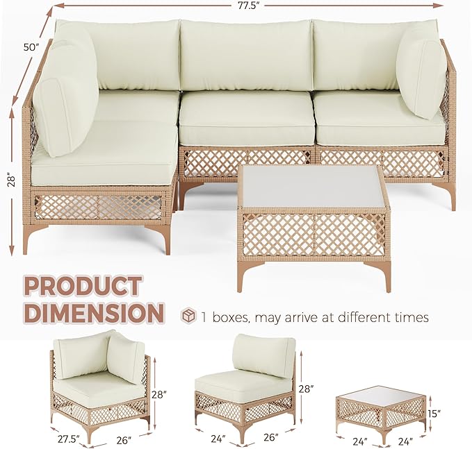 Outdoor Patio Furniture Set, Wicker Outdoor Sectional Set, Boho Patio Conversation Sectional Sofa with Large Tempered Glass Coffee Table and Waterproof Cushion (Large Size 5-Piece Patio Furniture)
