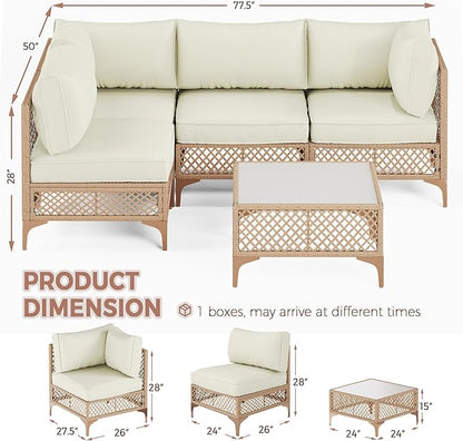 Outdoor Patio Furniture Set, Wicker Outdoor Sectional Set, Boho Patio Conversation Sectional Sofa with Large Tempered Glass Coffee Table and Waterproof Cushion (Large Size 5-Piece Patio Furniture)