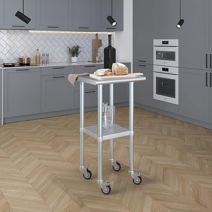 Stainless Steel Work Table with Wheels | NSF Kitchen Island Food Prep | Laundry Garage Utility Bench (Table + Wheels, 20" Long x 20" Deep)