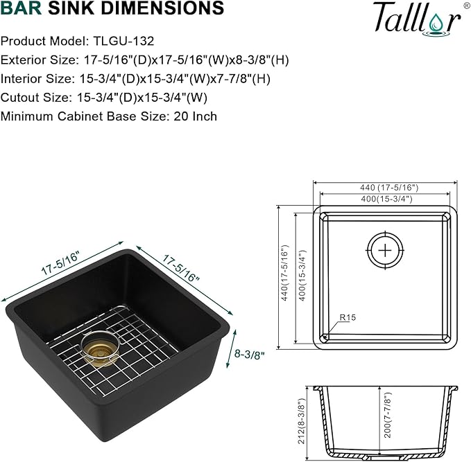 17x17 Black Undermount Bar Sink - Granite Composite Classic Quartz Single Bowl Wet Prep Sink Basin for RV, Kitchen Bar, Boat, and Outdoor #TLGU-132