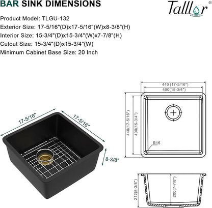 17x17 Black Undermount Bar Sink - Granite Composite Classic Quartz Single Bowl Wet Prep Sink Basin for RV, Kitchen Bar, Boat, and Outdoor #TLGU-132