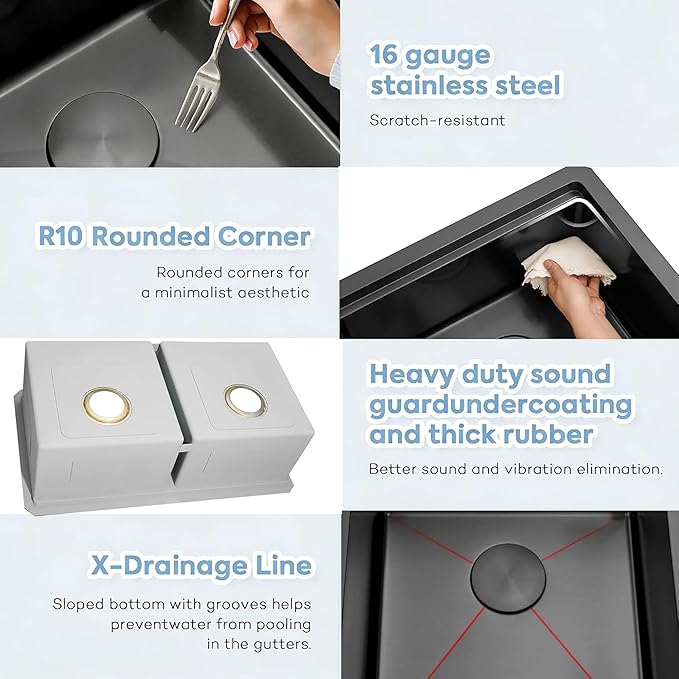 Black Undermount Kitchen Sink 30 x 18 Inch, 50/50 Double Bowl Kitchen Sinks, 16 Gauge Stainless Steel Workstation Sink with Ledge & Accessories, 30" x 18"x 10" Large and Deep Double Sink