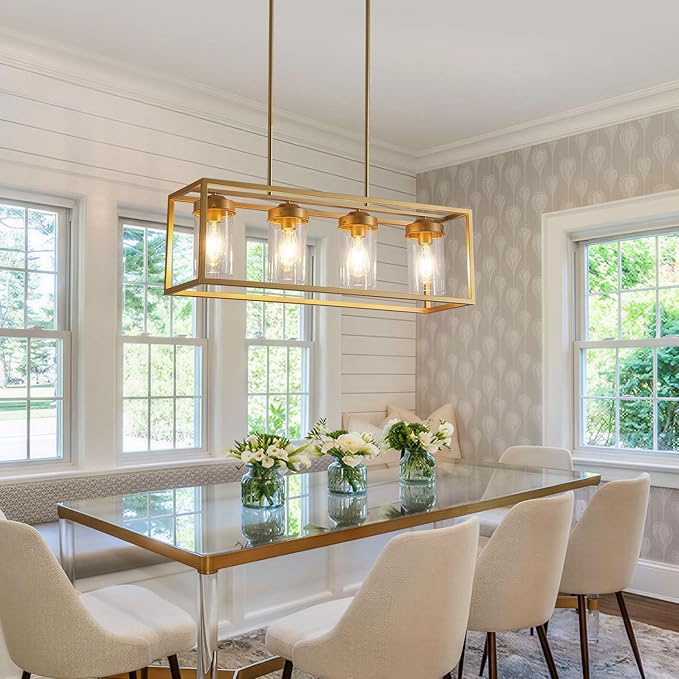 Gold Dining Room Light Fixture，Farmhouse Chandeliers for Dining Room，Rustic Rectangle Chandelier with Clear Glass Shade，Vintage Antique Linear Kitchen Island Light Fixtures
