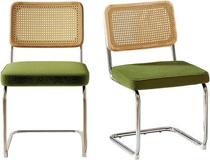 Rattan Back Velvet Dining Chair Set of 4 Modern Stainless Chrome Base Armless Upholstered Side Chair for Dining Room, Kitchen Island, Olive Green