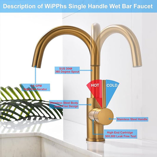 Brass Bar Faucet Single Hole, Brushed Brass Kitchen Sink Faucets, Single Handle Brush Gold Modern Wet Bar Sink Faucets, Stainless Steel Mixer Basin Taps, WI608BTG