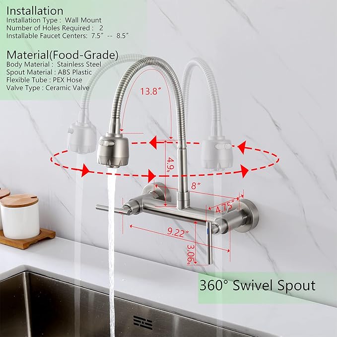 Wall Mount Faucet with Sprayer 8 Inch Center, Kitchen Sink Faucet with Dual Handle, Stainless Steel Constructed Sink Mixer Tap, Laundry Utility Faucets