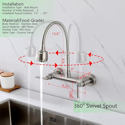 Wall Mount Faucet with Sprayer 8 Inch Center, Kitchen Sink Faucet with Dual Handle, Stainless Steel Constructed Sink Mixer Tap, Laundry Utility Faucets