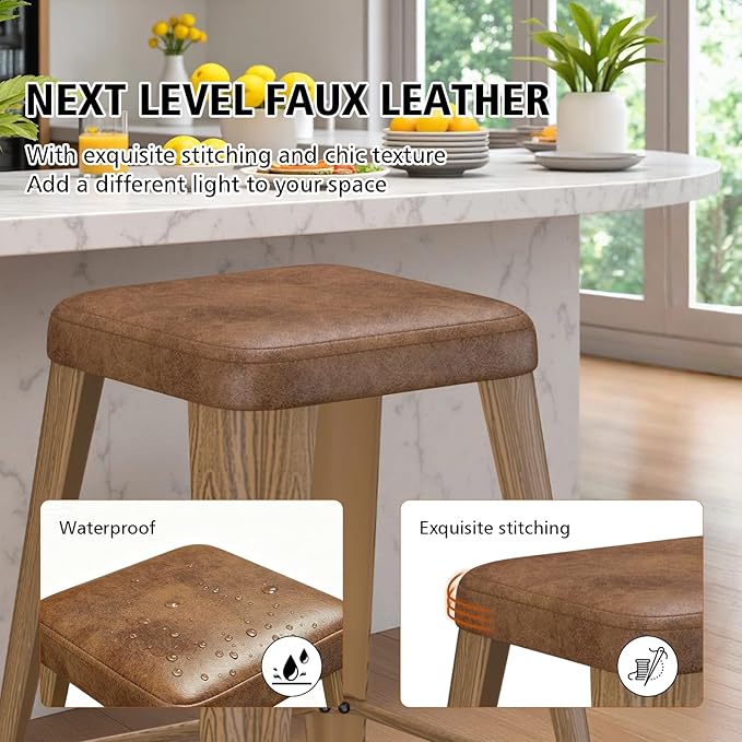 Backless Bar Stools Set of 4, Upholstered Faux Leather Counter Height Stools with Sturdy Metal Legs, 30 Inch Barstools for Kitchen Island (Walnut)