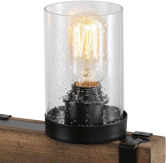 LALUZ 5-Light Kitchen Island Lighting, Farmhouse Wood Linear Dining Room Chandelier Over Table with Seeded Glass Shade, 42.9'' Large Rustic Wooden Chandeliers Light Fixtures for Dining Room