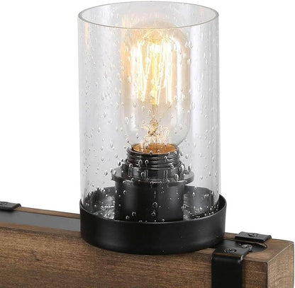 LALUZ 5-Light Kitchen Island Lighting, Farmhouse Wood Linear Dining Room Chandelier Over Table with Seeded Glass Shade, 42.9'' Large Rustic Wooden Chandeliers Light Fixtures for Dining Room