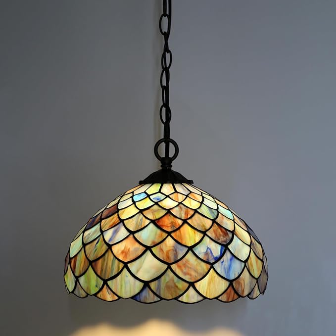 Tiffany Pendant Light Plug-in Stained Glass Hanging Lamp 12”x12”x181” Blue Fish Scales Swag Light Decorative Vintage Lighting for Dining Room Living Room Kitchen Hallway Bedroom
