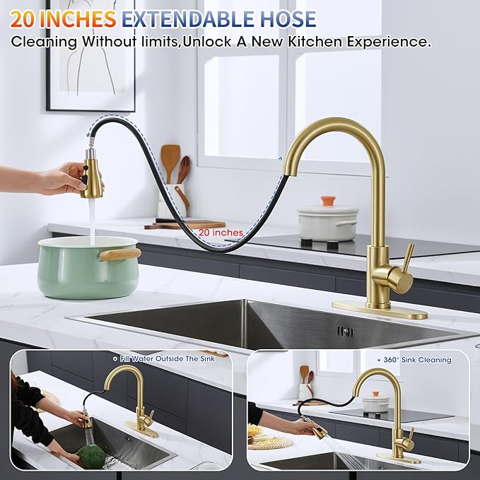 Brushed Gold Kitchen Faucets with Spray Head Replacement, High Arc Single Handle Stainless Steel Kitchen Sink Faucet for 1 or 3 Hole, Ideal for Farmhouse RV Laundry Bar Camper & Commercial