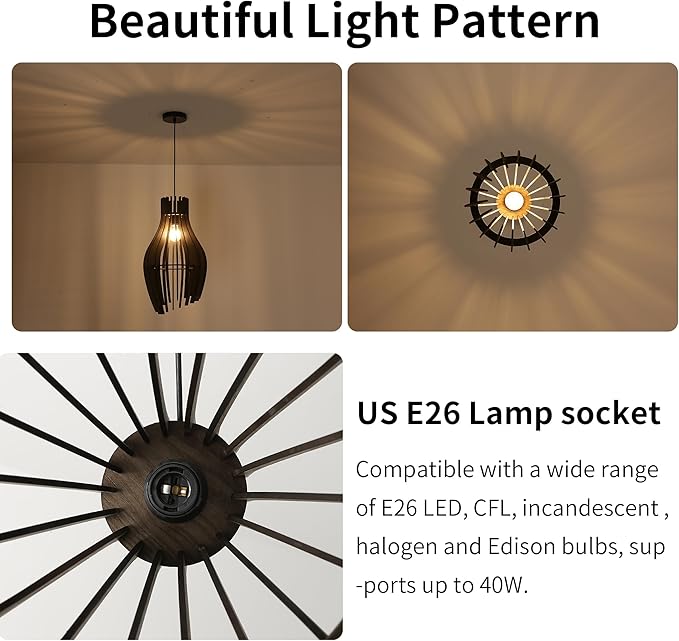 Wood Pendant Light Fixture, Hand-Woven Chandeliers Ceiling Lighting, Farmhouse Basket Cylinder Lampshade Hanging Lamp for Dining Room, Kitchen Island, Entryway (Retro)