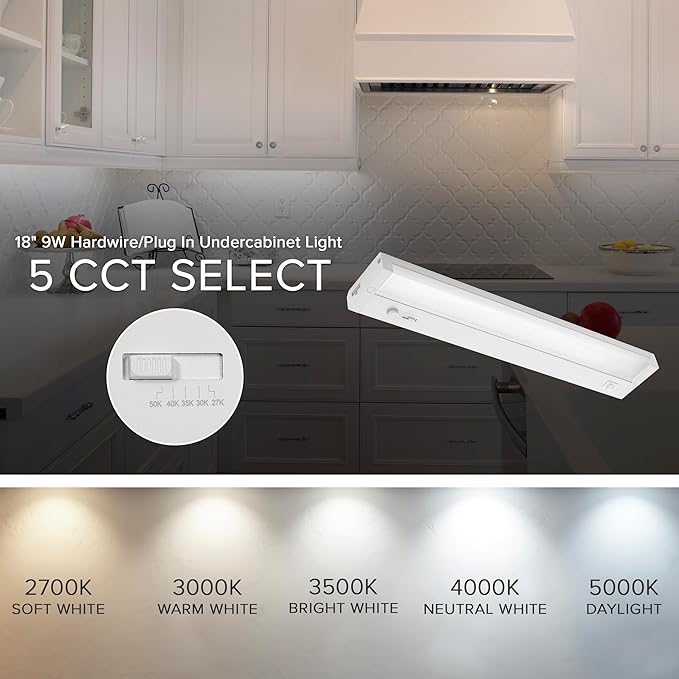 Maxxima 18 in. LED Under Cabinet Lighting, Dimmable, Linkable, Hardwired or Plug & Play, 700 Lumens, 5 CCT 2700K/3000K/3500K/4000K/5000K, Kitchen Install, On/Off Switch, White