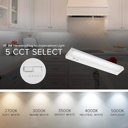 Maxxima 18 in. LED Under Cabinet Lighting, Dimmable, Linkable, Hardwired or Plug & Play, 700 Lumens, 5 CCT 2700K/3000K/3500K/4000K/5000K, Kitchen Install, On/Off Switch, White