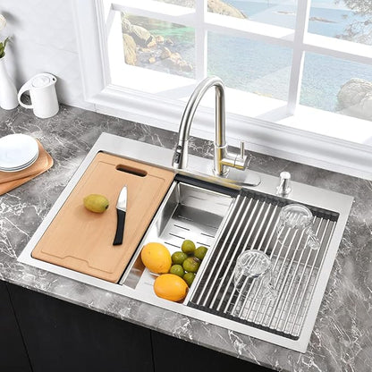 25 Inch Drop In Kitchen Sink Workstation-Hovheir 25x20 Stainless Steel Kitchen Sink Drop In Topmount Stainless Sinks 16 Gauge Deep Single Bowl Overmount Sinks with Cutting Board