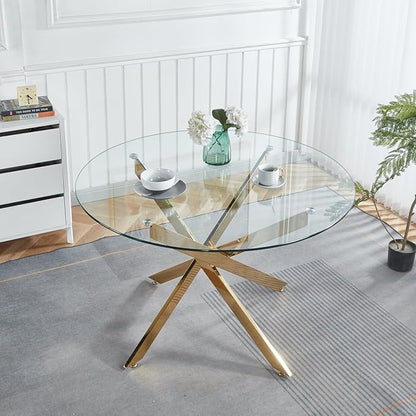 Round Glass Dining Table,Glass Dining Room Table with Metal Legs, Modern Style Glass Kitchen Table for Home, Kitchen, Dining Room