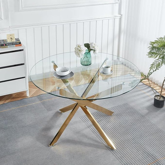 Round Glass Dining Table,Glass Dining Room Table with Metal Legs, Modern Style Glass Kitchen Table for Home, Kitchen, Dining Room