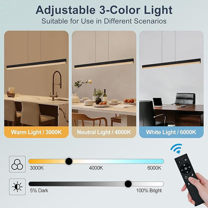 71" Wood Linear Pendant Light, Wood Linear Chandelier with Remote, 24W LED Dimmable Pendant Lights Kitchen Island, Modern Hanging Chandelier for Dining Room, Bar, Pool Table-Natural