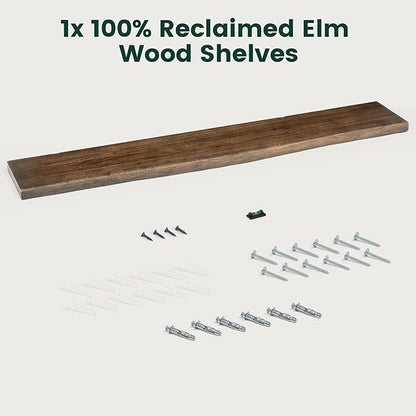 55 Inch Live Edge Floating Shelves, 8 Inch Deep Solid Elm Wood Wall Shelf, Heavy-Duty Wall Mounted Shelf with Invisible Brackets for Living Room, Bathroom, Kitchen, Set of 1, Walnut Color