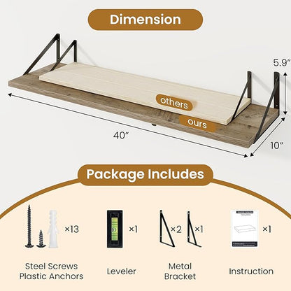 Acovy Floating Shelves for Wall,40" Wall Mounted Shelves Set of 2,Long Wood Floating Shelves,Hanging Wide Display & Storage Shelf with Metal Brackets for Bathroom,Bedroom,Kitchen,Living Room,Grey