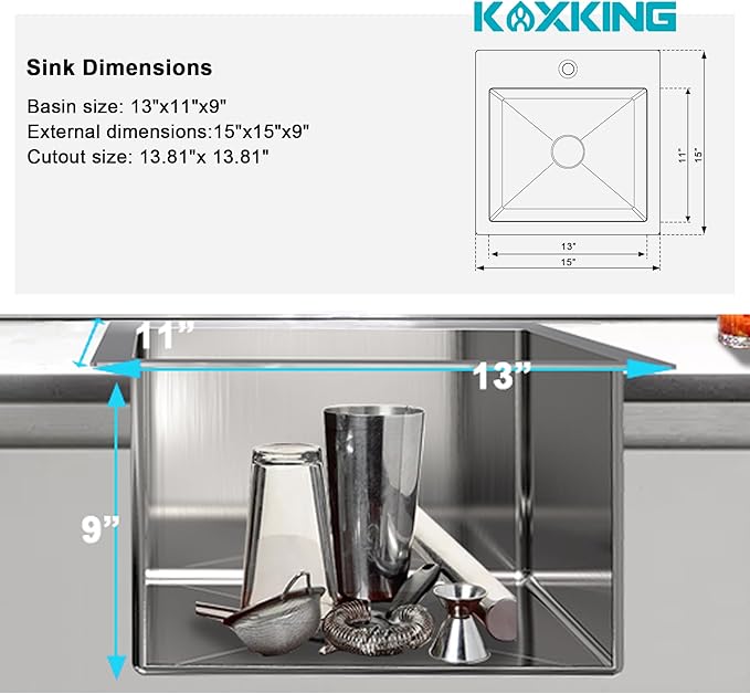15x15x9 Inch Drop In Bar Sink, 18 Gauge T304 Stainless Steel Topmount Kitchen Sink for RV, Outdoor BBQ, Wet Bar, Laundry & Utility - Rust-Proof Single Bowl with Basket Strainer