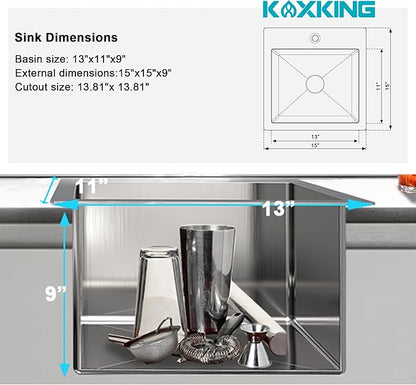 15x15x9 Inch Drop In Bar Sink, 18 Gauge T304 Stainless Steel Topmount Kitchen Sink for RV, Outdoor BBQ, Wet Bar, Laundry & Utility - Rust-Proof Single Bowl with Basket Strainer