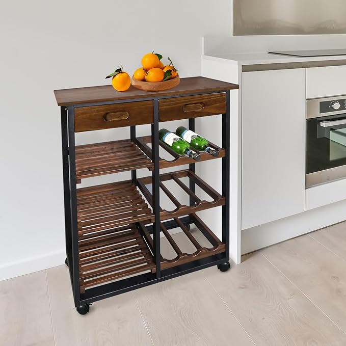 Casual Home Solid Wood 28" Wide l 4-Tier Rolling Kitchen Island Trolley with Wine Rack and Drawer, Mocha/Black