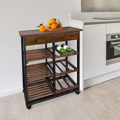 Casual Home Solid Wood 28" Wide l 4-Tier Rolling Kitchen Island Trolley with Wine Rack and Drawer, Mocha/Black