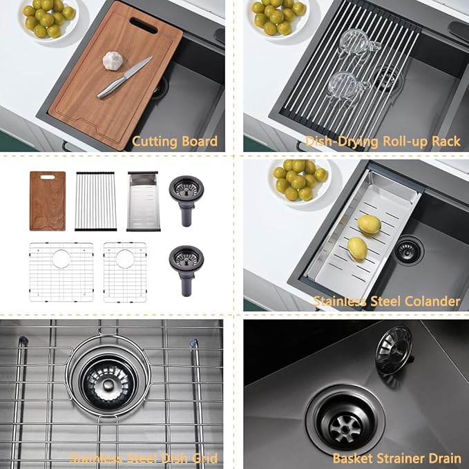 33 Inch Black Drop In Double Bowl Kitchen Sink Workstation-Bokaiya 33x22 Drop In Black Stainless Steel Top Mount Workstation Sink 16 Gauge Low Divide 60/40 Double Sink with Cutting Board