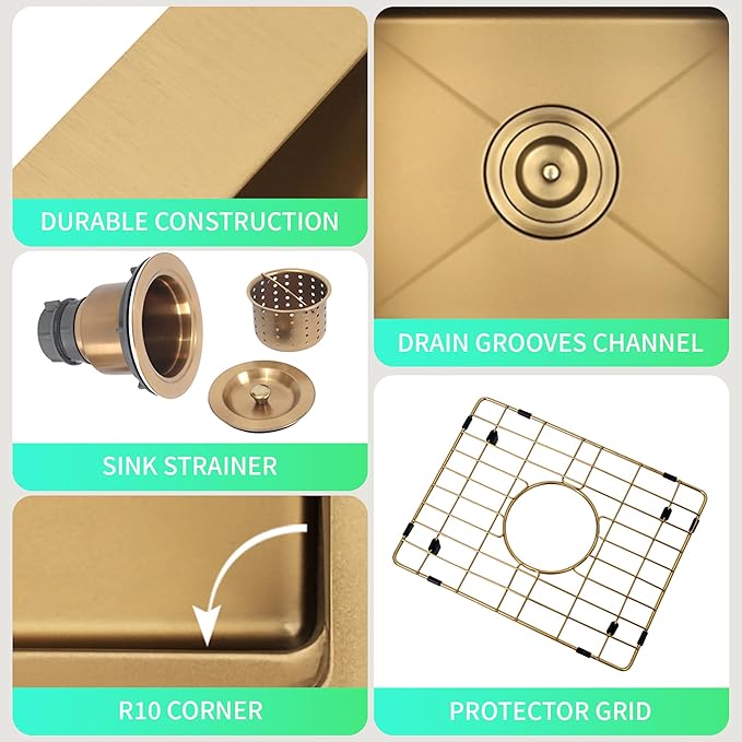 17 Inch Gold Sink Undermount, 16 Gauge 304 Stainless Steel Workstaion Kitchen Sinks with Ledge & Accessories, 17" x 17" x10" Deep Bowl For Outdoor, RV,Prep Sink, and Wet Bar