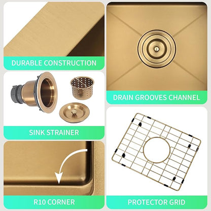 17 Inch Gold Sink Undermount, 16 Gauge 304 Stainless Steel Workstaion Kitchen Sinks with Ledge & Accessories, 17" x 17" x10" Deep Bowl For Outdoor, RV,Prep Sink, and Wet Bar